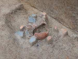 割れた土師器の甕や須恵器の杯が数点まとまって出土している様子。